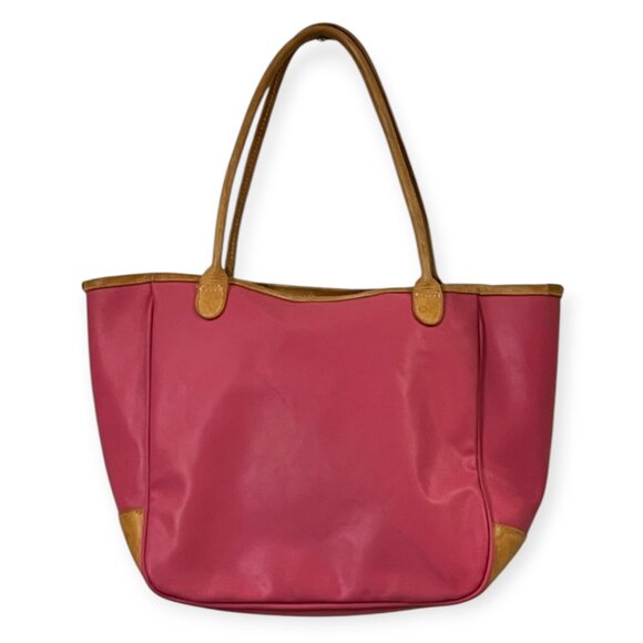 Jon Hart Design Tote Bag Pink Tan Leather Trim Monogram K.M.W. Personalized USA - Picture 2 of 11